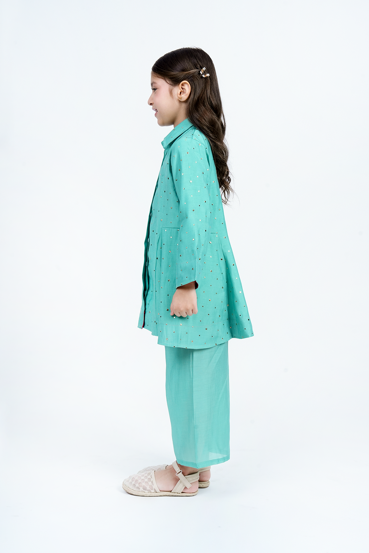 Piccolo  Mal Chanderi Mukaish Work Kurta With Pant Set - Turquoise Green