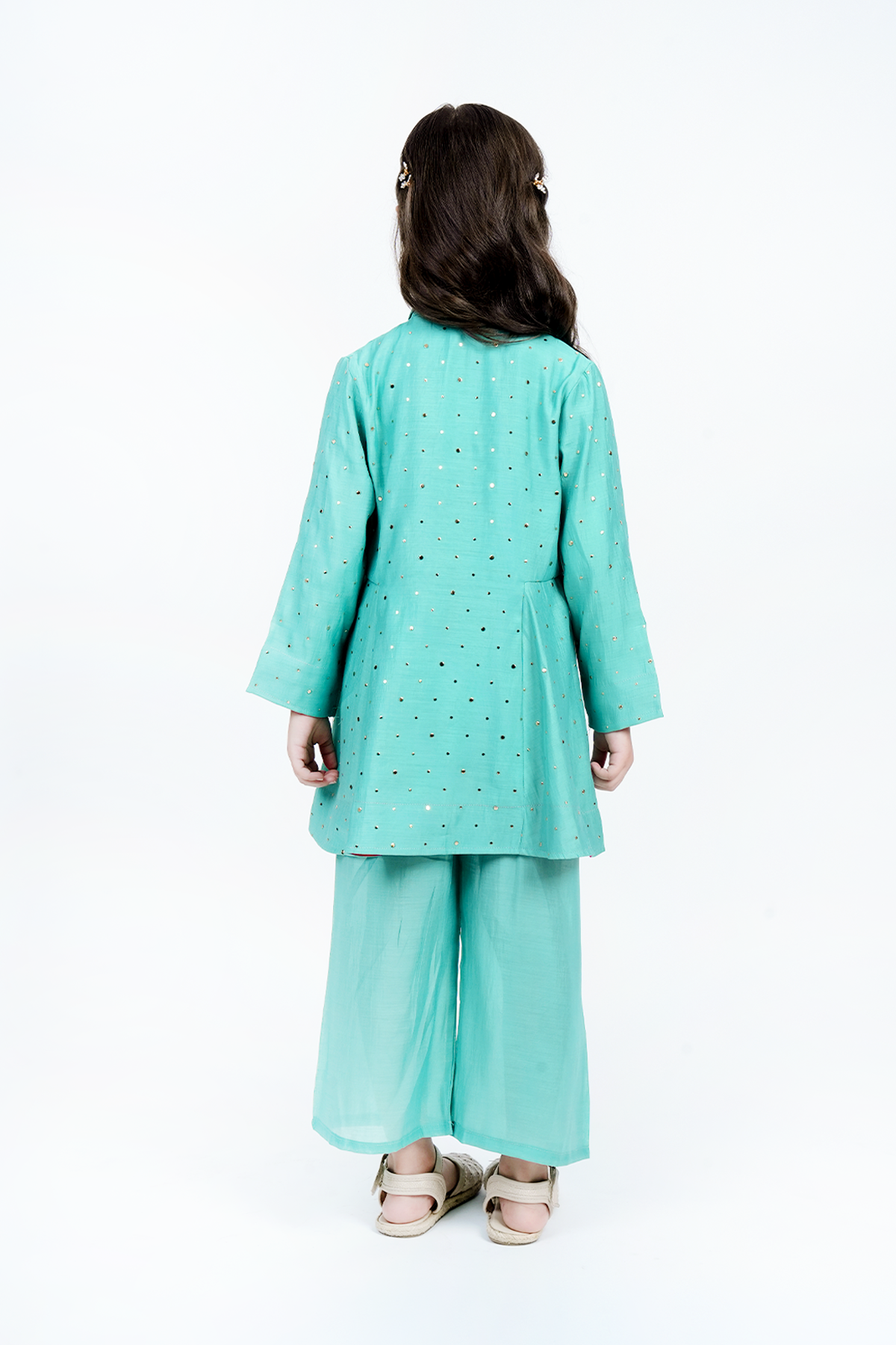 Piccolo  Mal Chanderi Mukaish Work Kurta With Pant Set - Turquoise Green