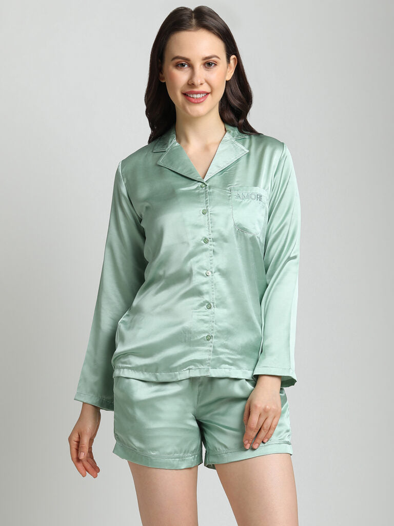 Drape In Vogue Pista Green Night Suit