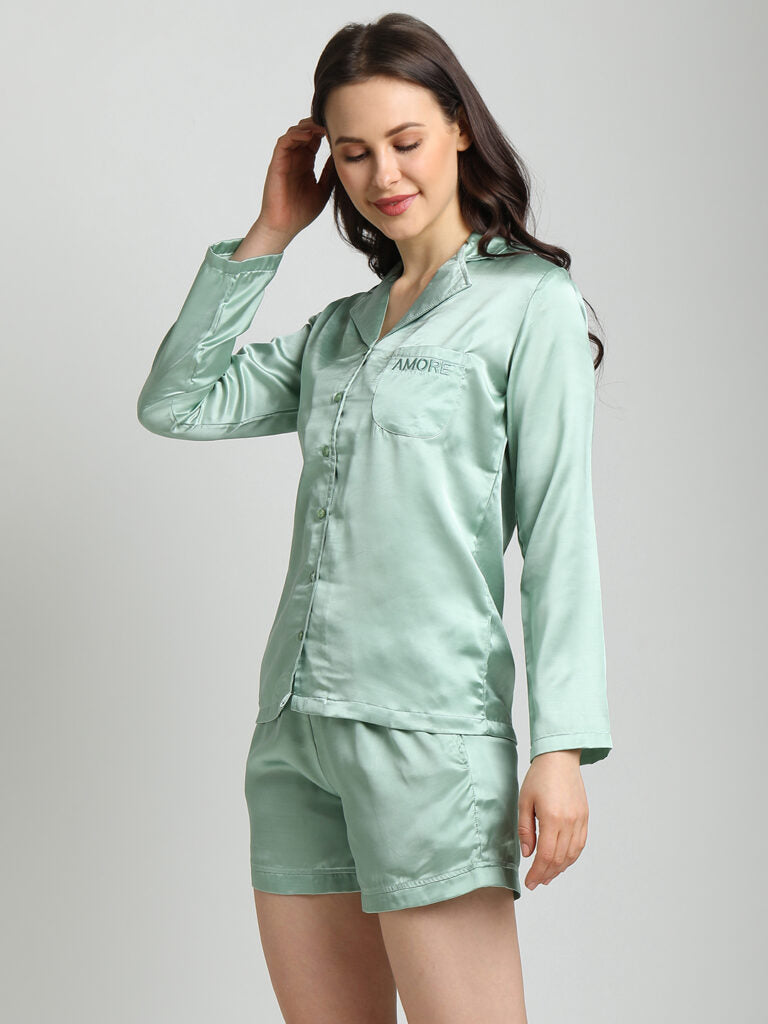 Drape In Vogue Pista Green Night Suit