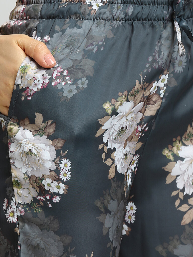 Drape In Vogue Grey Floral Night Suit