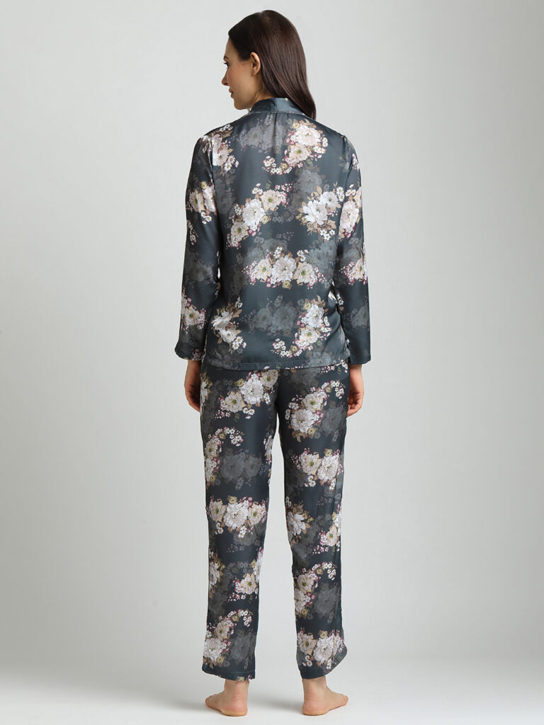 Drape In Vogue Grey Floral Night Suit