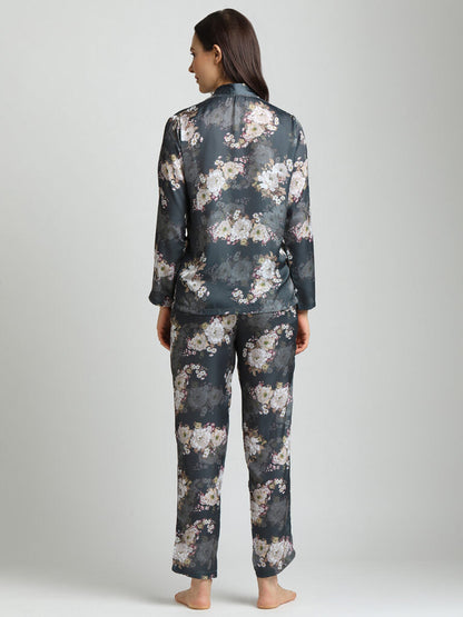 Drape In Vogue Grey Floral Night Suit