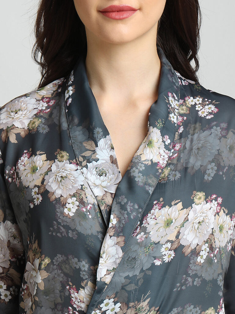 Drape In Vogue Grey Floral Night Suit