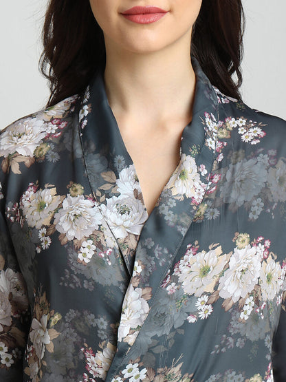 Drape In Vogue Grey Floral Night Suit