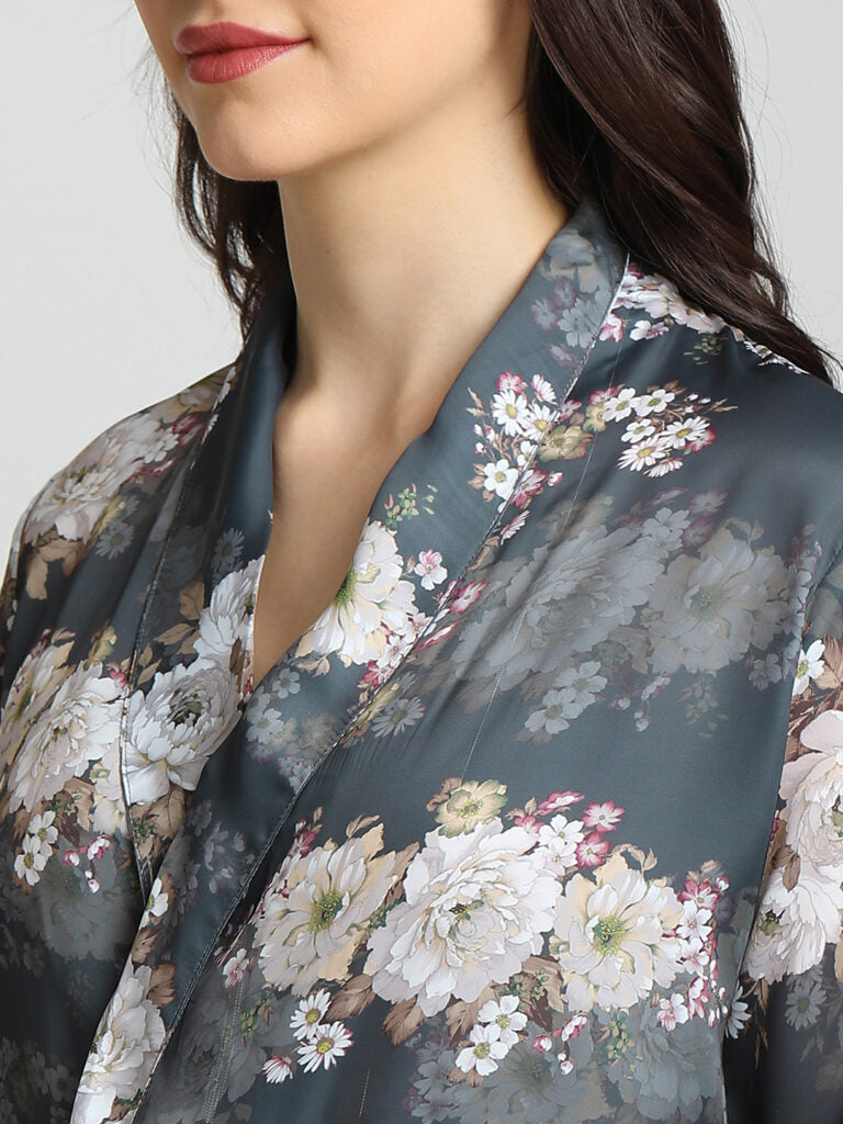 Drape In Vogue Grey Floral Night Suit