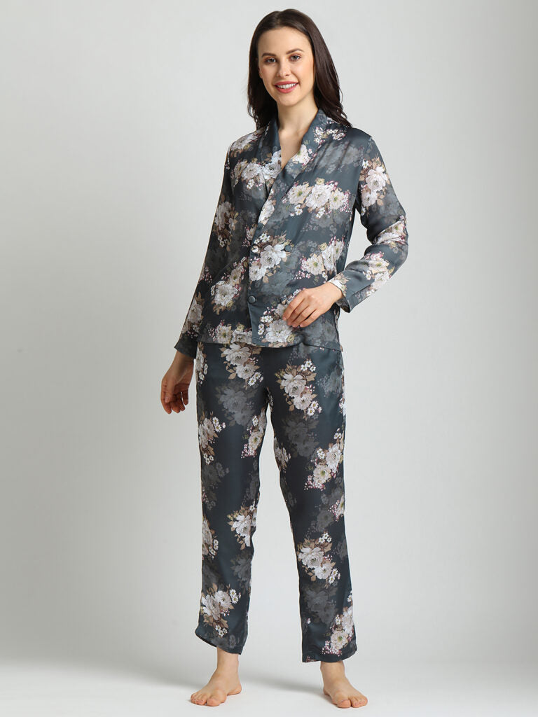 Drape In Vogue Grey Floral Night Suit