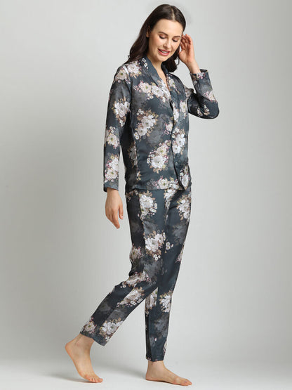 Drape In Vogue Grey Floral Night Suit