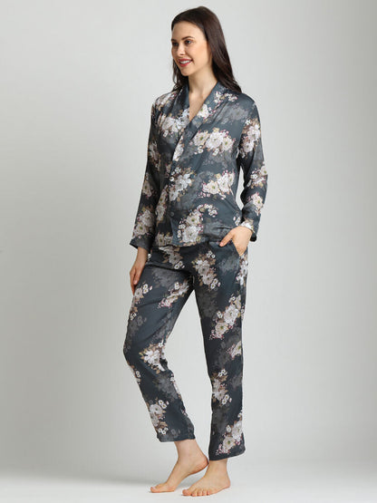 Drape In Vogue Grey Floral Night Suit