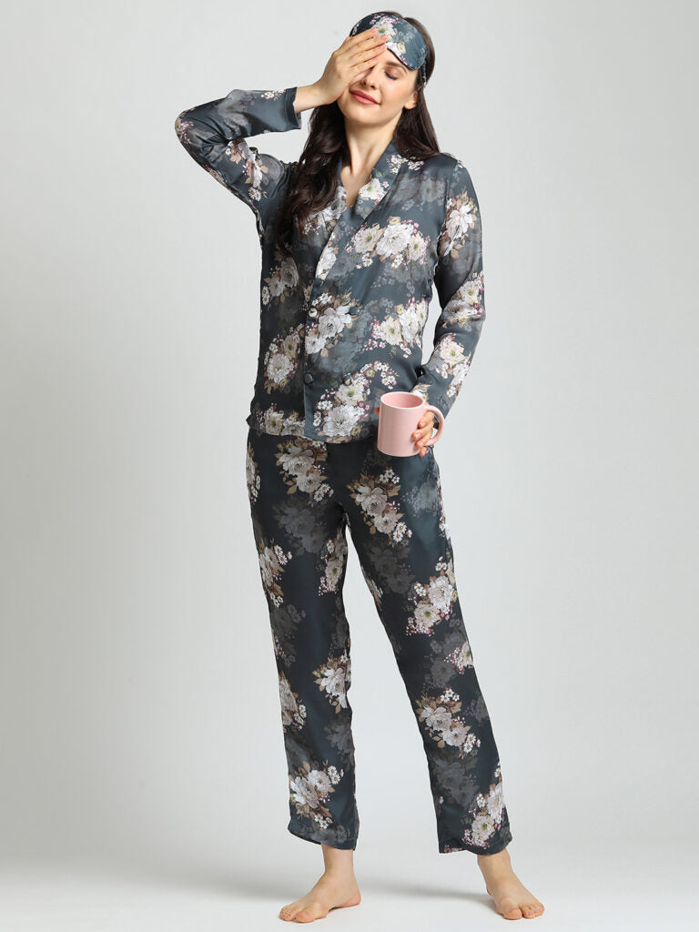 Drape In Vogue Grey Floral Night Suit
