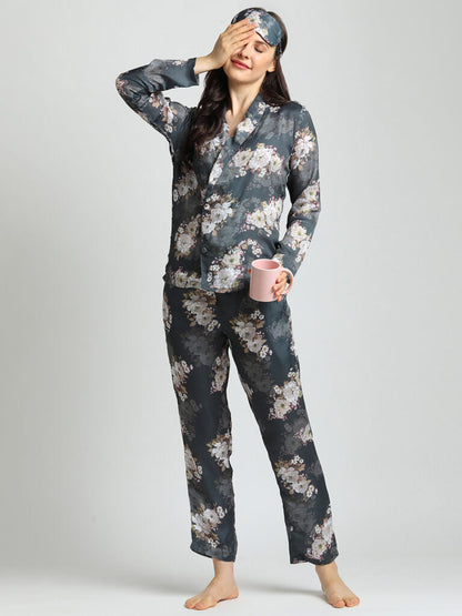 Drape In Vogue Grey Floral Night Suit