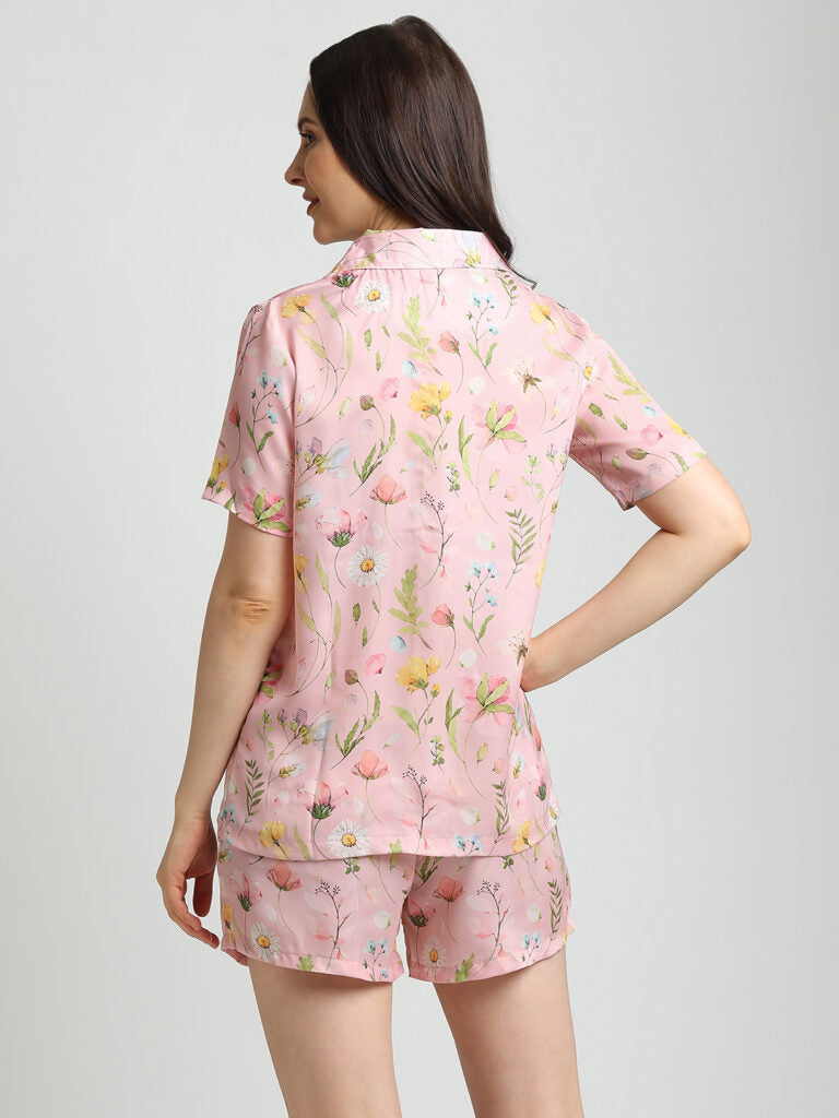Drape In Vogue Pink floral print Night Suit
