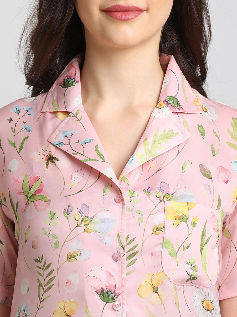 Drape In Vogue Pink floral print Night Suit