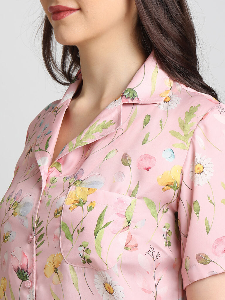 Drape In Vogue Pink floral print Night Suit