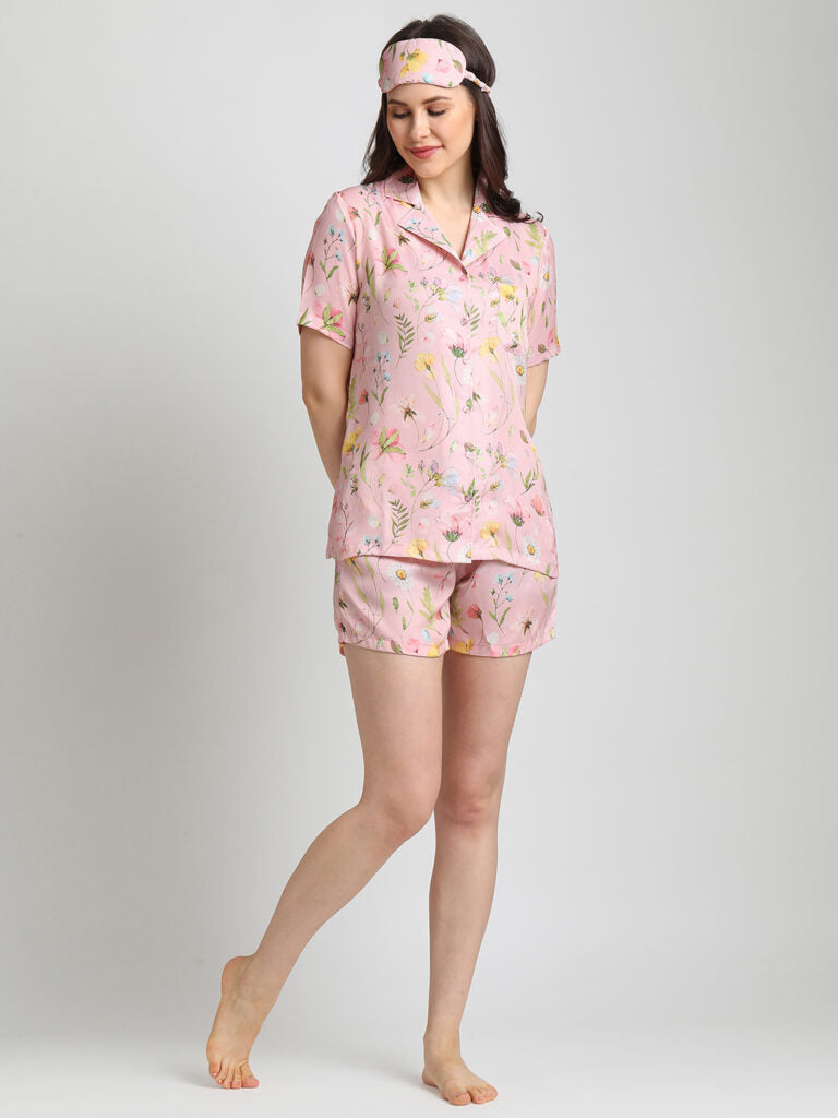 Drape In Vogue Pink floral print Night Suit