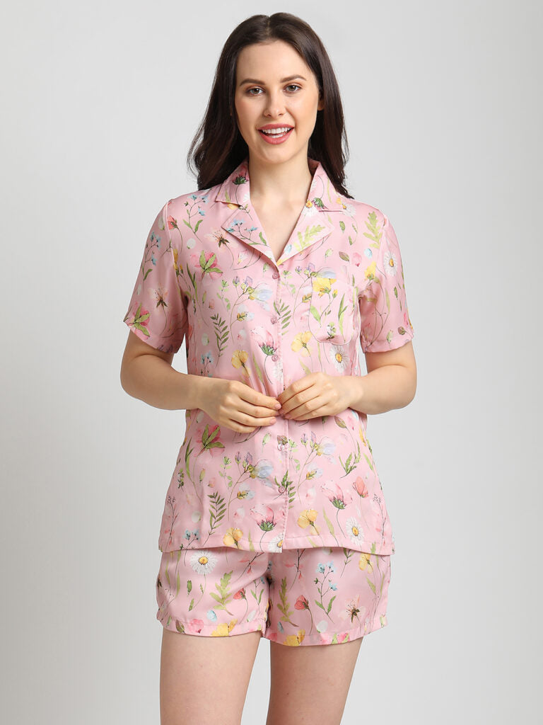 Drape In Vogue Pink floral print Night Suit