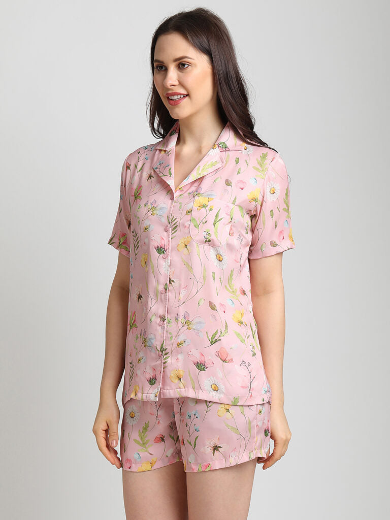 Drape In Vogue Pink floral print Night Suit