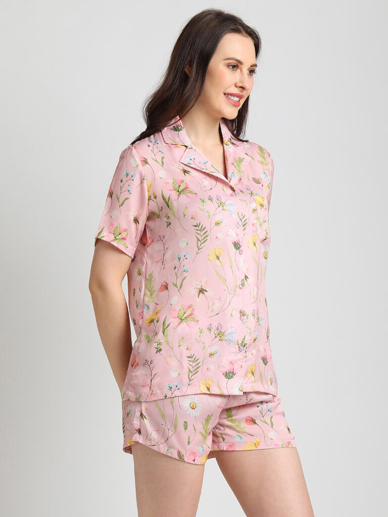 Drape In Vogue Pink floral print Night Suit
