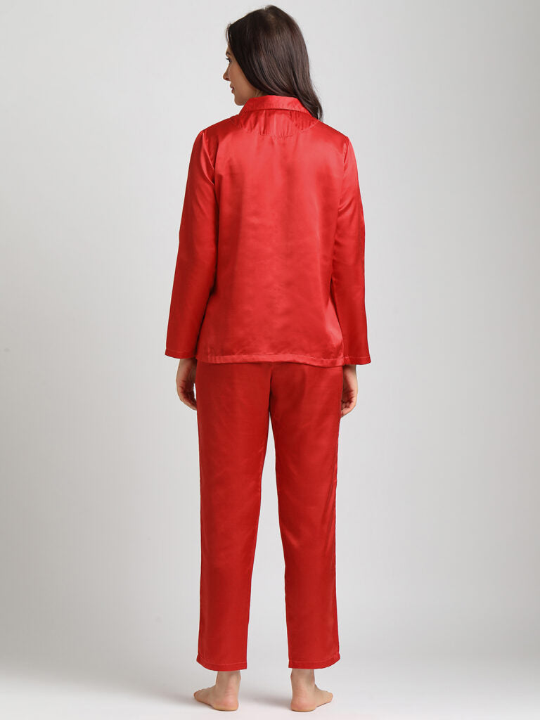 Drape In Vogue Red Satin Night Suit