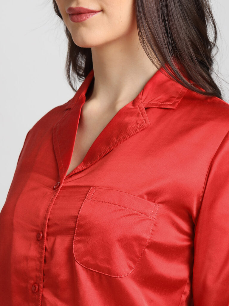 Drape In Vogue Red Satin Night Suit