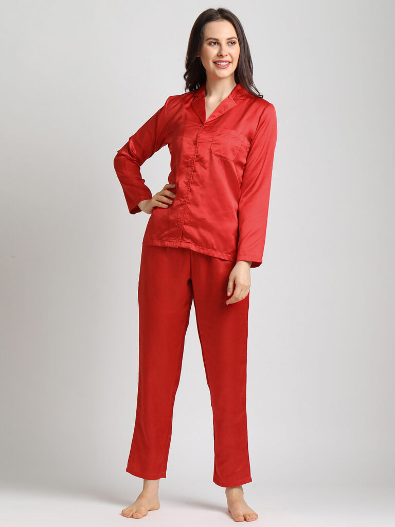 Drape In Vogue Red Satin Night Suit
