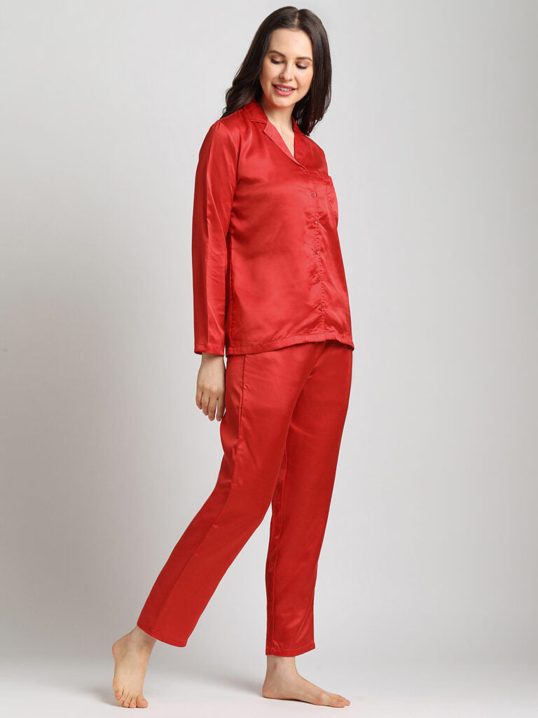 Drape In Vogue Red Satin Night Suit