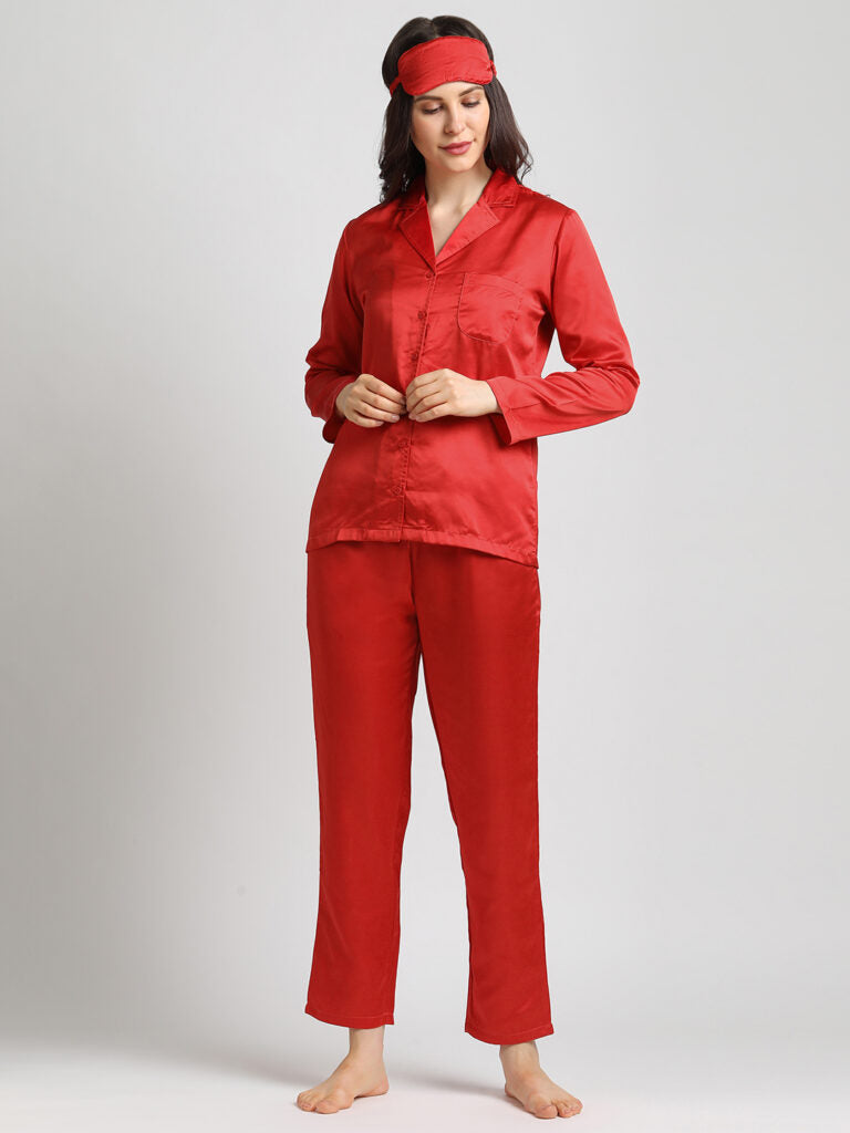 Drape In Vogue Red Satin Night Suit