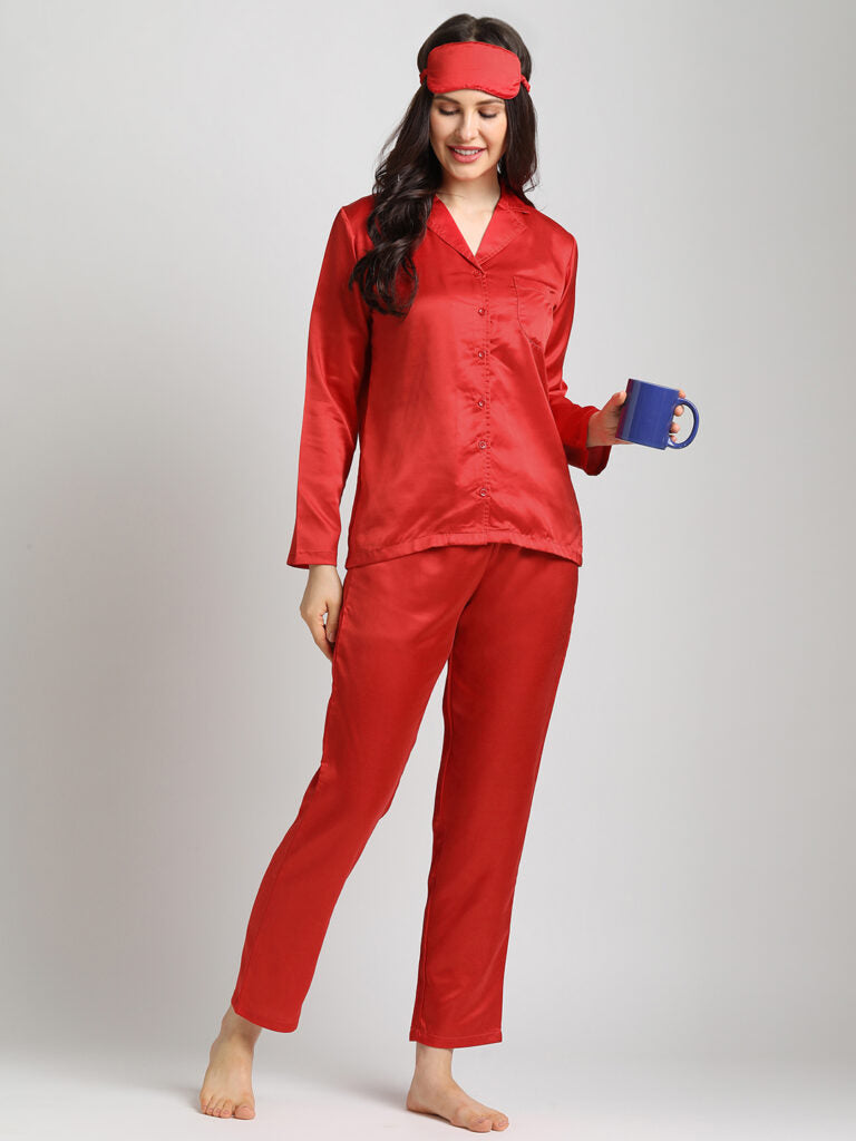 Drape In Vogue Red Satin Night Suit