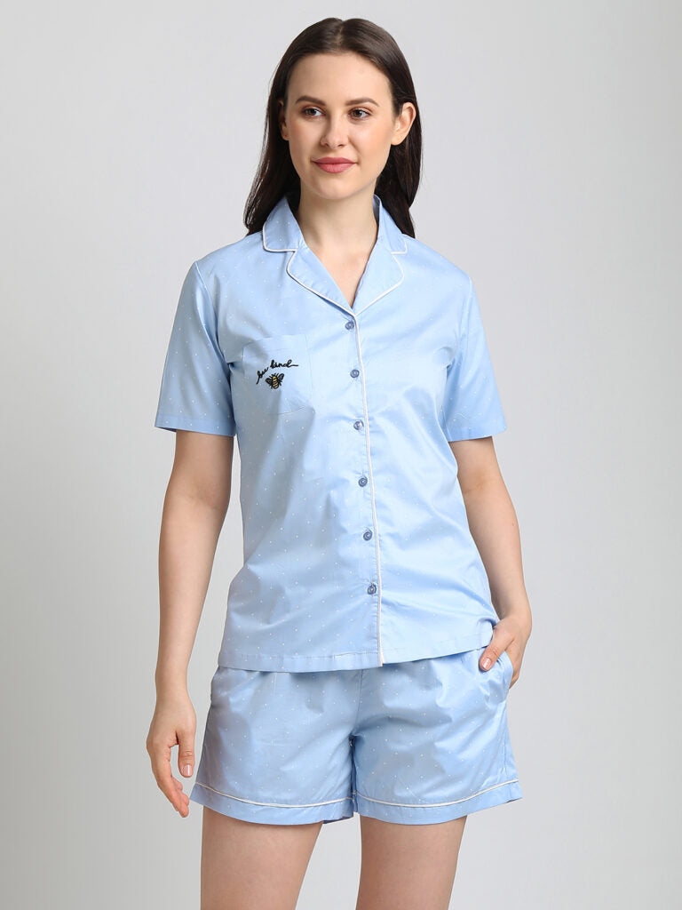 Drape In Vogue Blue  with White Dot Night Suit