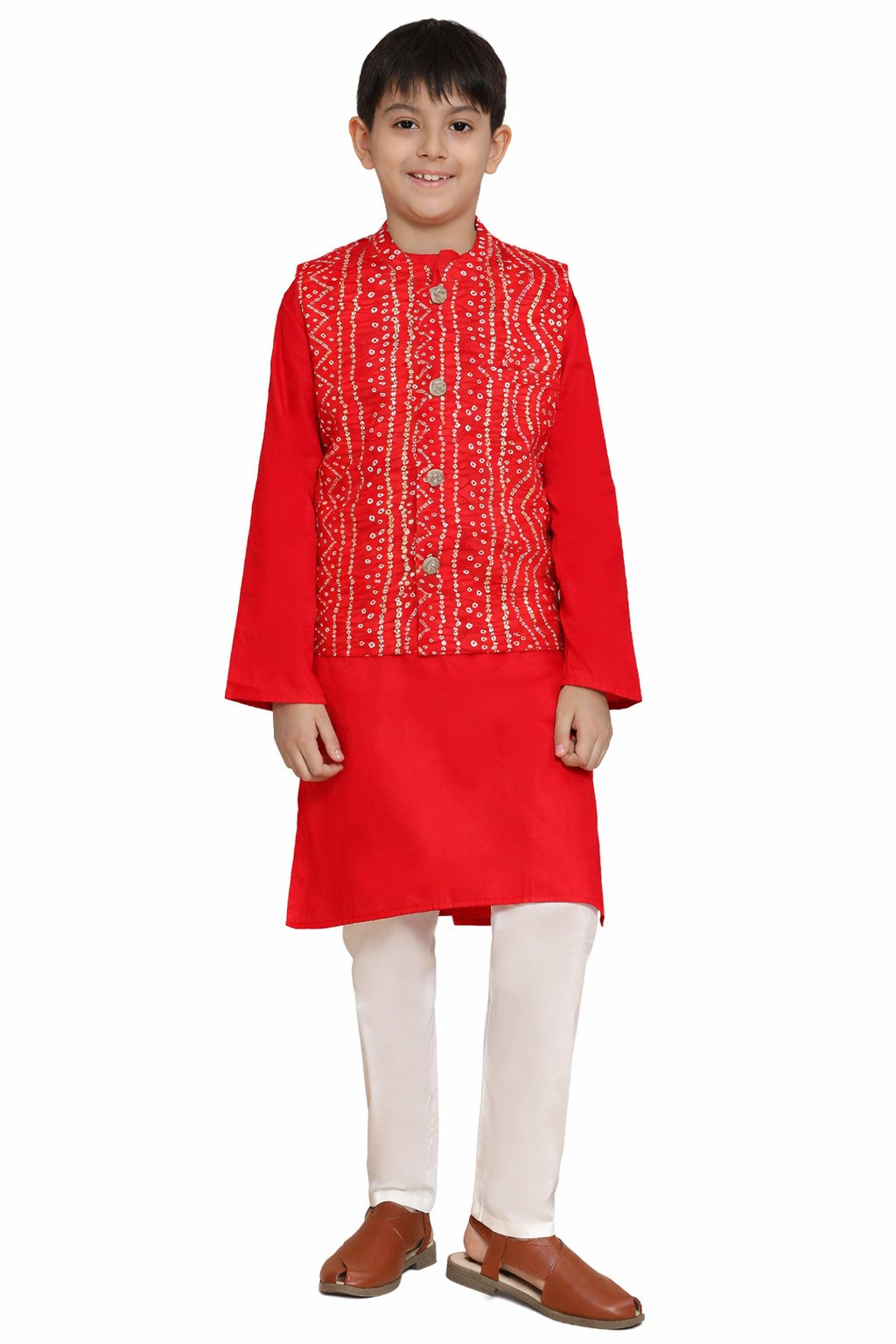 Piccolo Red Bandhani Print Nehru Jacket Kurta Pyjama Set