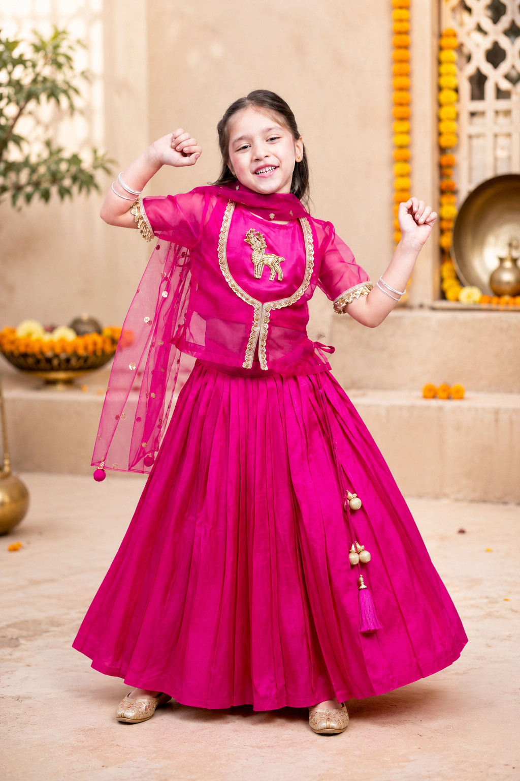 Piccolo Fuchsia Organza Embellished Kachli, Top, Lehenga & Net Dupatta Set