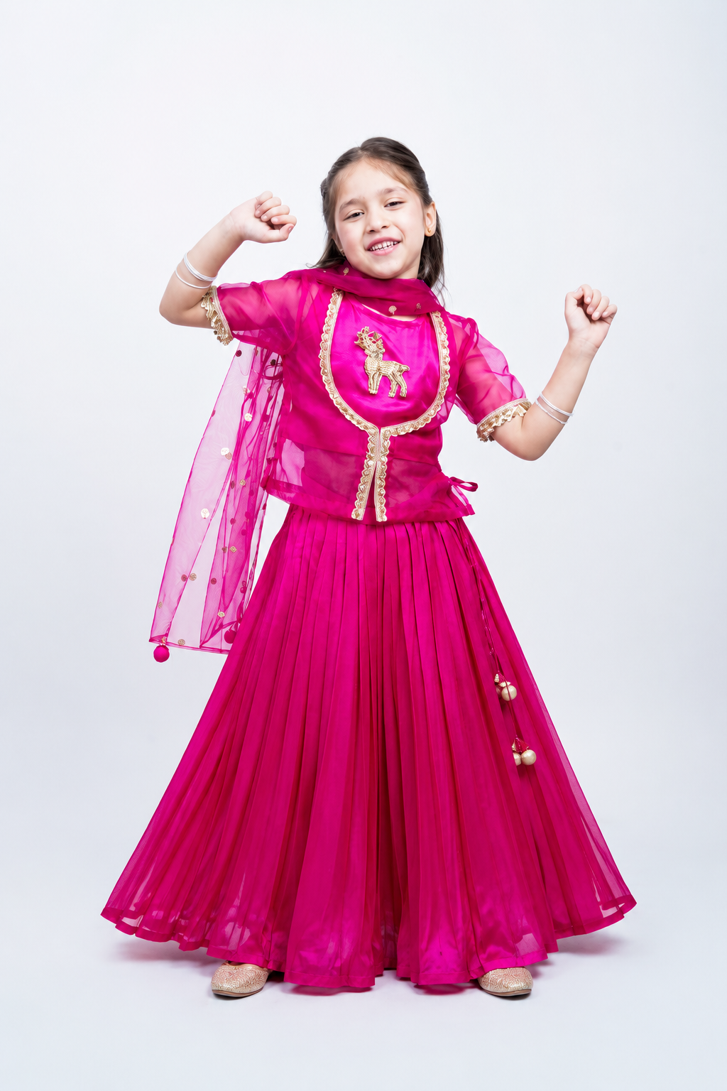 Piccolo Fuchsia Organza Embellished Kachli, Top, Lehenga & Net Dupatta Set