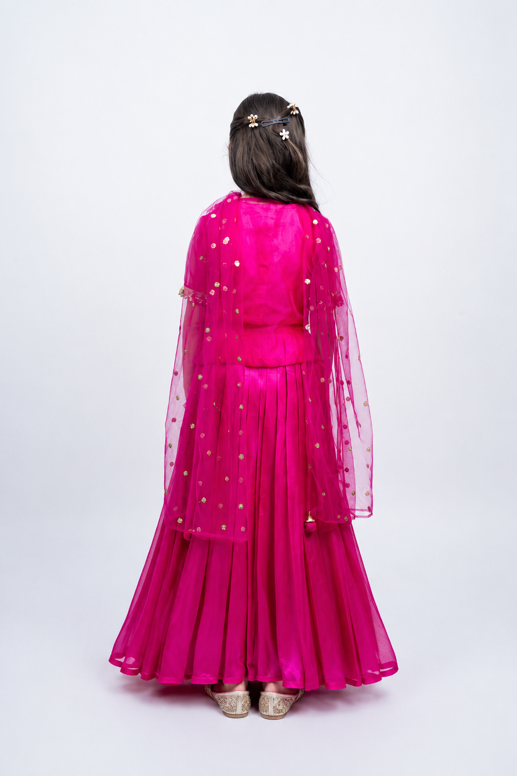 Piccolo Fuchsia Organza Embellished Kachli, Top, Lehenga & Net Dupatta Set