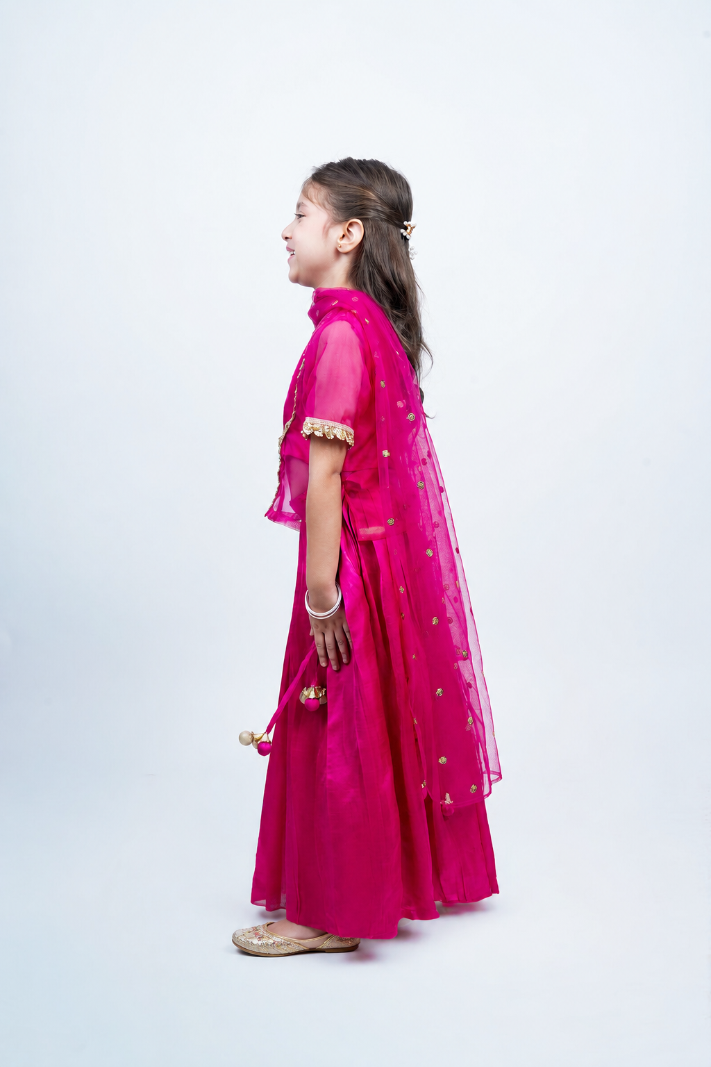 Piccolo Fuchsia Organza Embellished Kachli, Top, Lehenga & Net Dupatta Set