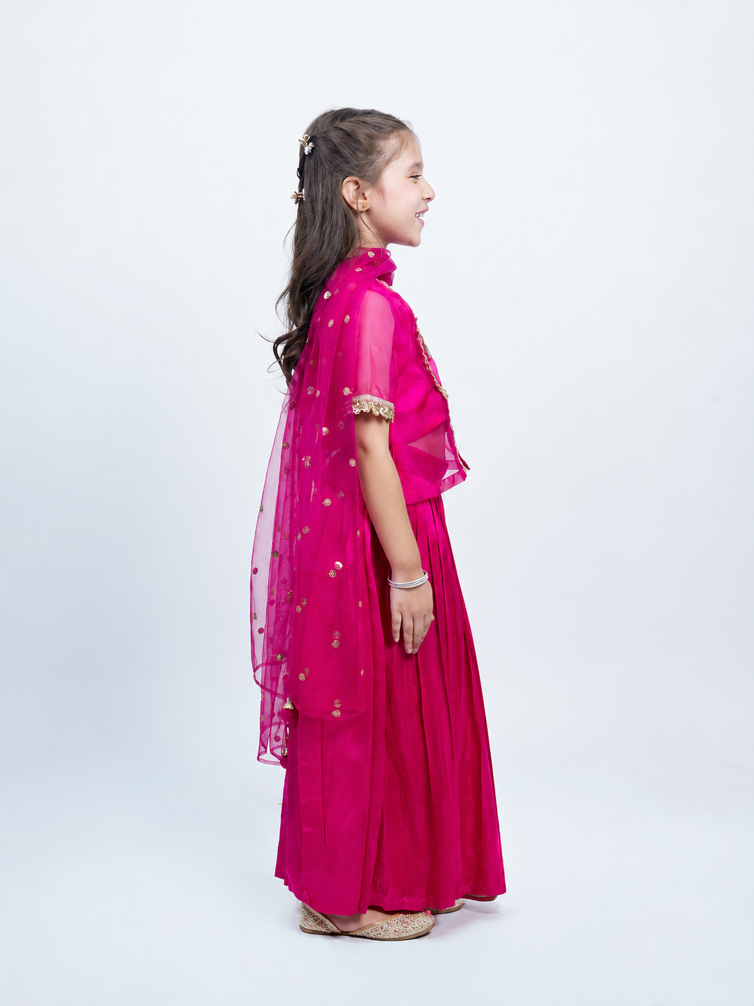 Piccolo Fuchsia Organza Embellished Kachli, Top, Lehenga & Net Dupatta Set