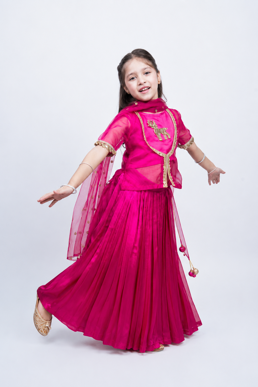 Piccolo Fuchsia Organza Embellished Kachli, Top, Lehenga & Net Dupatta Set