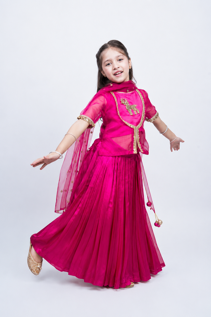 Piccolo Fuchsia Organza Embellished Kachli, Top, Lehenga & Net Dupatta Set