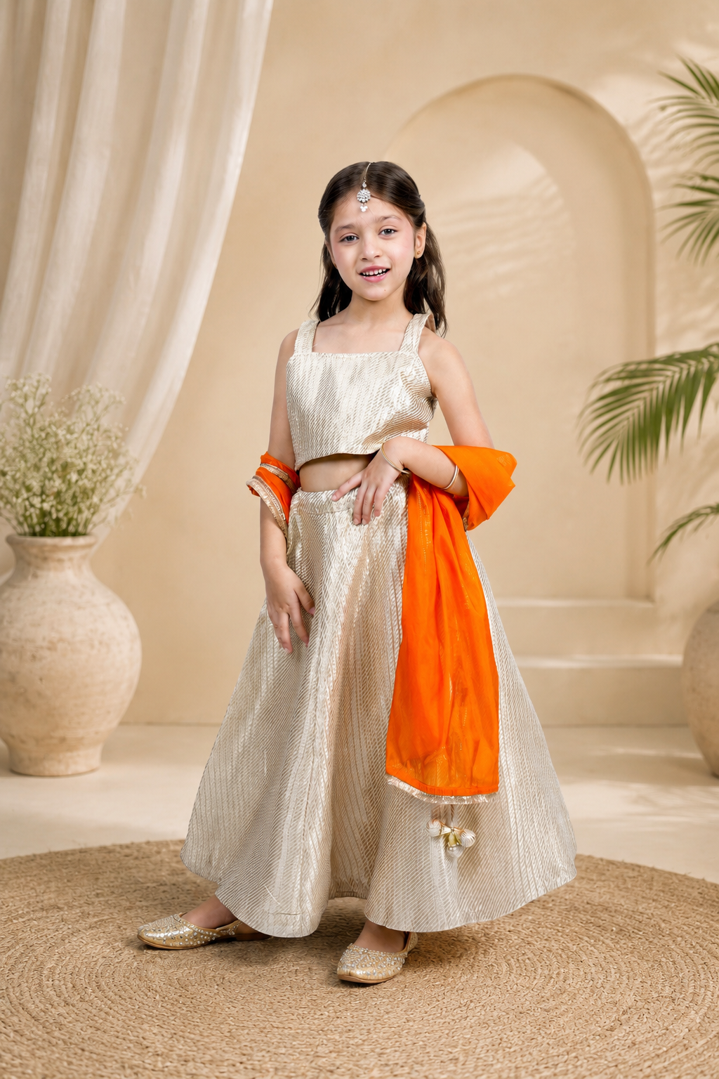 PICCOLO Silk Brocade Lehenga Choli Set with Orange Dupatta- Golden