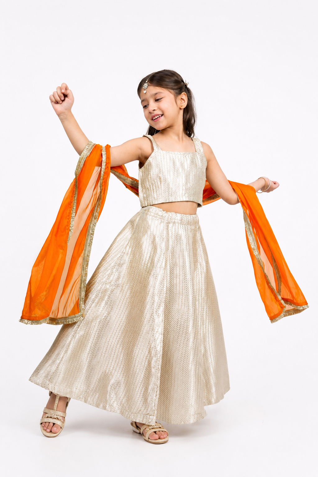 PICCOLO Silk Brocade Lehenga Choli Set with Orange Dupatta- Golden