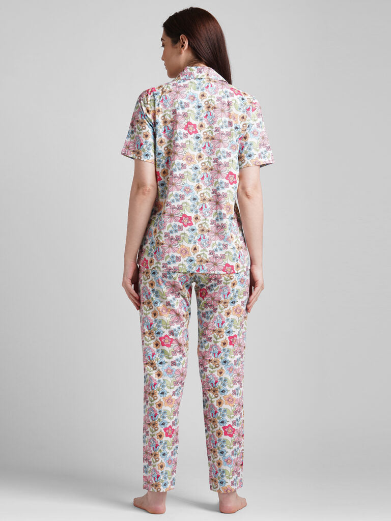 Drape In Vogue Women White &amp; Pink Floral Printed Night Suit