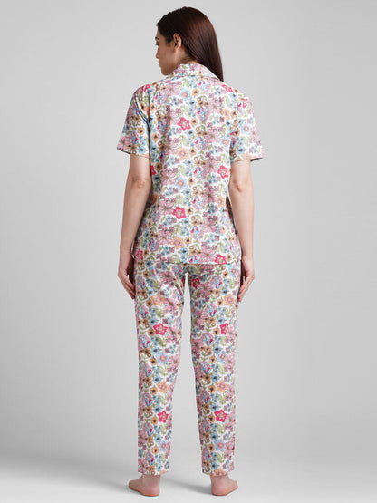 Drape In Vogue Women White &amp; Pink Floral Printed Night Suit