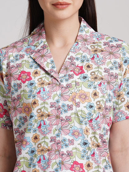 Drape In Vogue Women White &amp; Pink Floral Printed Night Suit