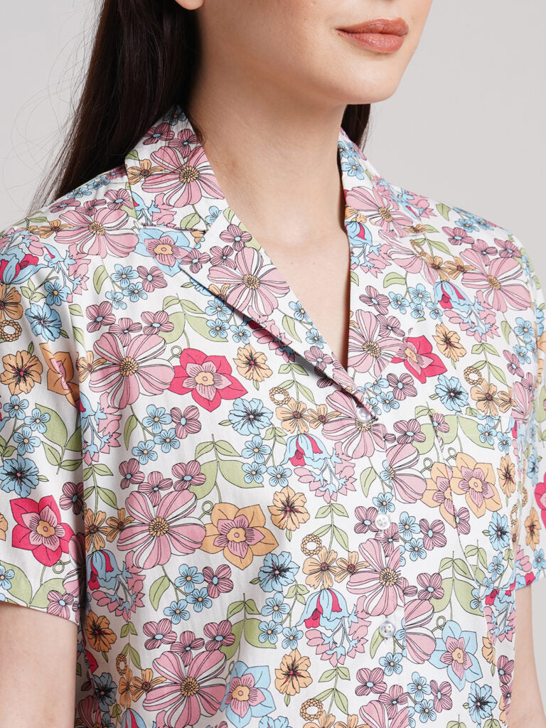 Drape In Vogue Women White &amp; Pink Floral Printed Night Suit