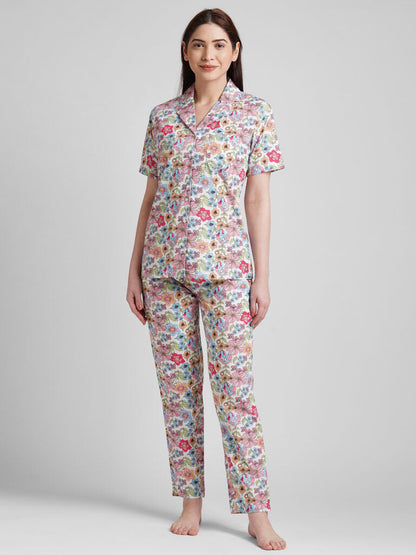 Drape In Vogue Women White &amp; Pink Floral Printed Night Suit