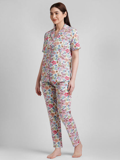 Drape In Vogue Women White &amp; Pink Floral Printed Night Suit