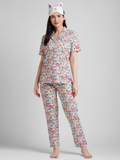 Drape In Vogue Women White & Pink Floral Printed Night Suit