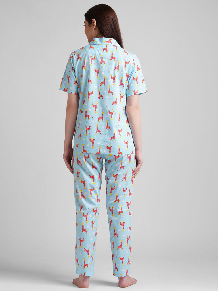 Drape In Vogue Women Blue &amp; Red Printed Night Suit
