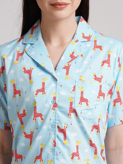 Drape In Vogue Women Blue &amp; Red Printed Night Suit