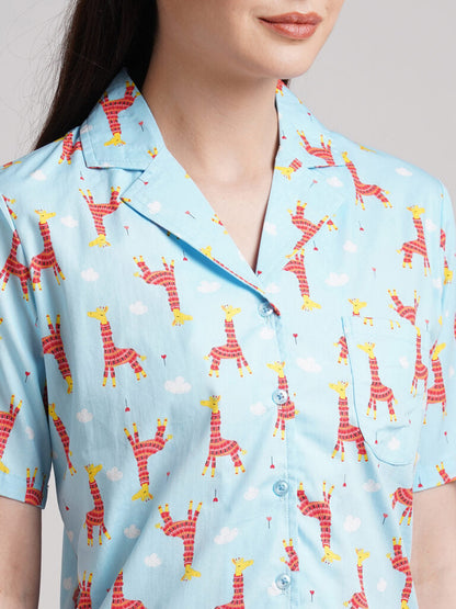 Drape In Vogue Women Blue &amp; Red Printed Night Suit