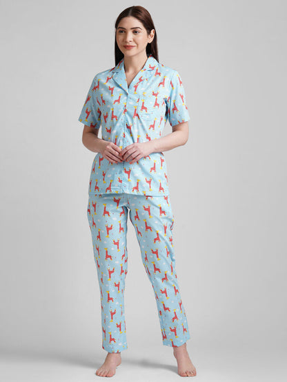 Drape In Vogue Women Blue & Red Printed Night Suit